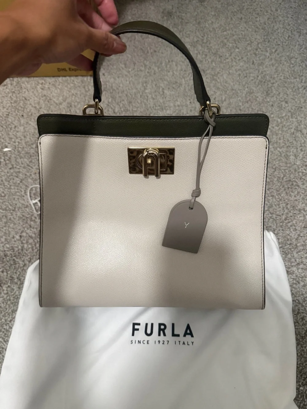 Furla Two-Tone Leather Top-Handle Satchel in Cream and Olive Green
